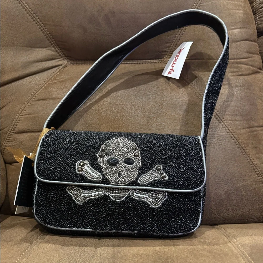 Viral Black Beaded Skull Shoulder Bag - Picture 1 of 5